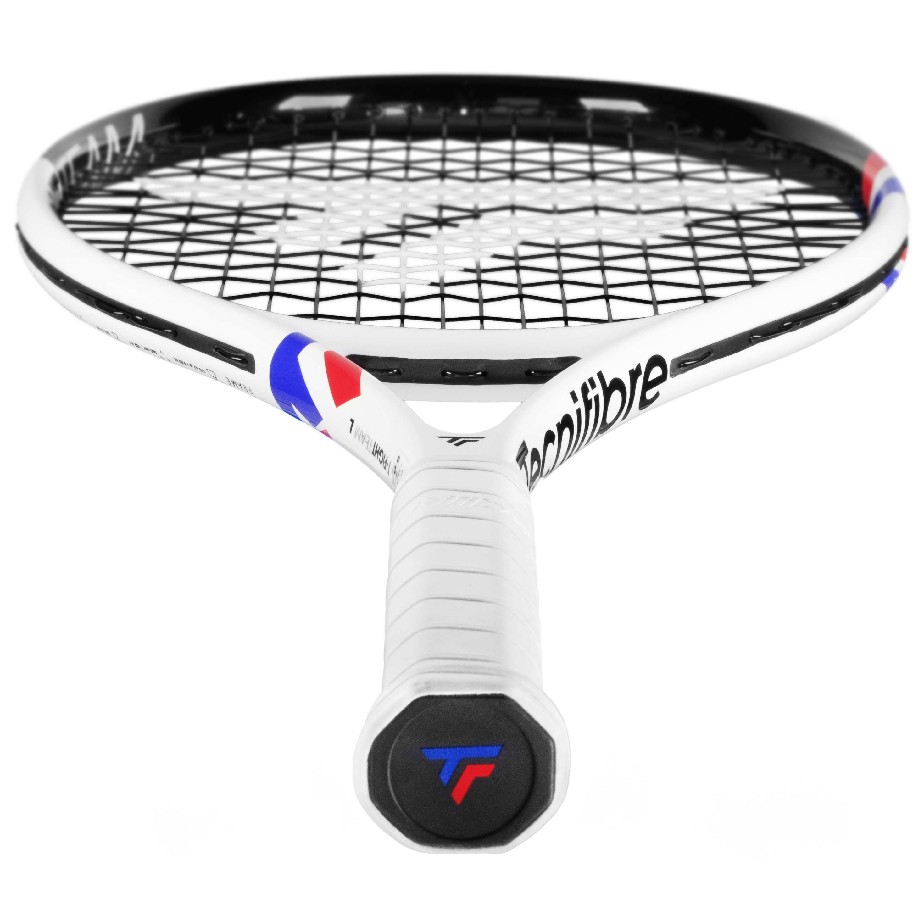 White Tecnifibre TFight Team L (270g) tennis racquet with black strings and red/blue accents.