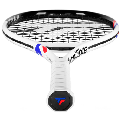 White Tecnifibre TFight Team L (270g) tennis racquet with black strings and red/blue accents.
