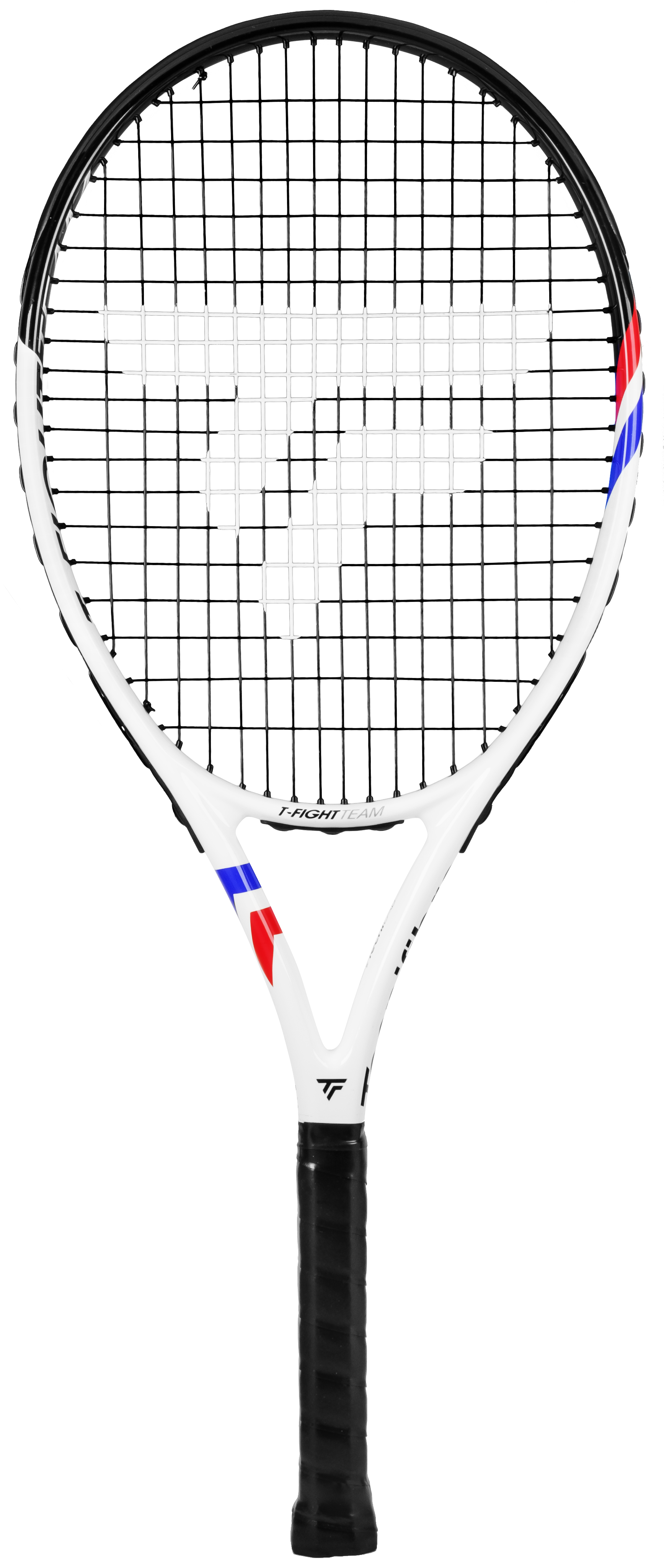 White Tecnifibre TFight Team OS tennis racquet with black grip, red and blue accents.