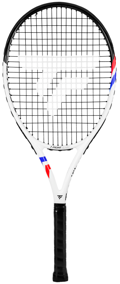 White Tecnifibre TFight Team OS tennis racquet with black grip, red and blue accents.