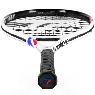 White Tecnifibre TFight Team OS tennis racquet with black grip, red and blue accents.