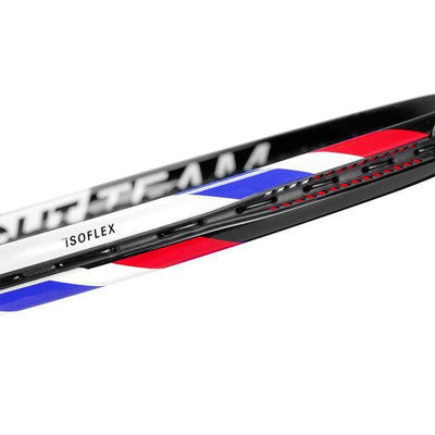 Close-up of Tecnifibre TFight Team OS tennis racquet frame, showing black, white, red, and blue stripes with "ISOFLEX" text.