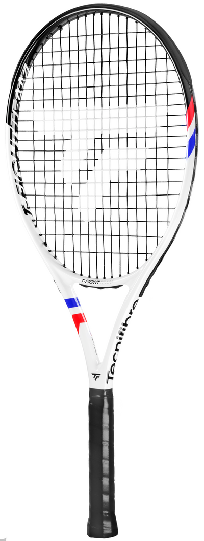 White Tecnifibre TFight Team OS tennis racquet with black strings, grip, and red/blue accents.