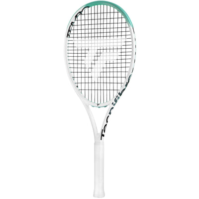 White Tecnifibre Tempo 265 tennis racquet with a mint green and black head, black strings, and white grip.