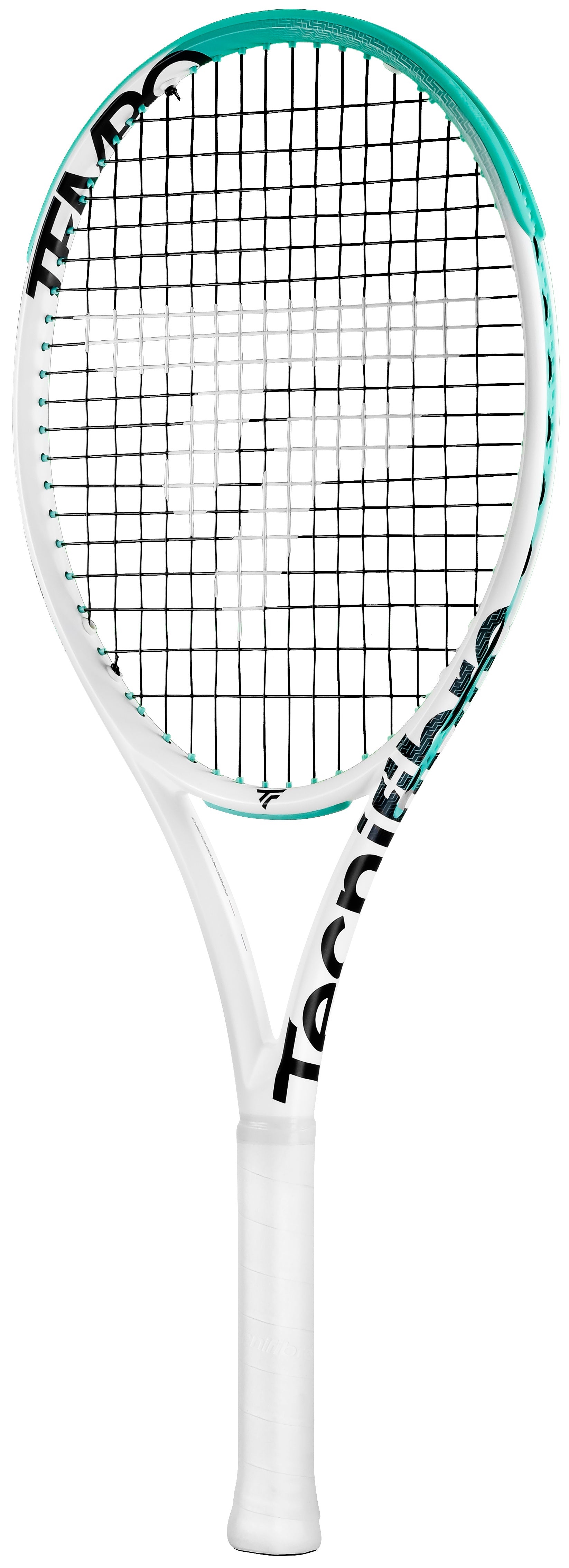 White Tecnifibre Tempo 270 tennis racquet with teal accents and black strings.