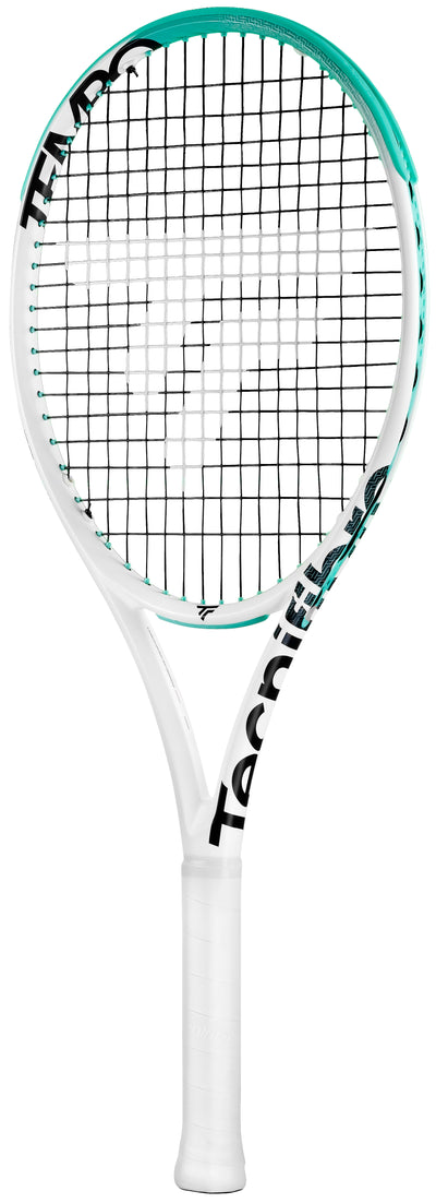 White Tecnifibre Tempo 270 tennis racquet with teal accents and black strings.