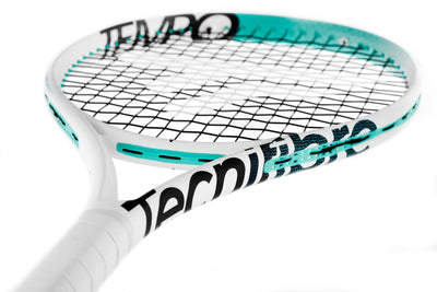 White and teal Tecnifibre Tempo 270 tennis racquet with black strings, 270g unstrung.