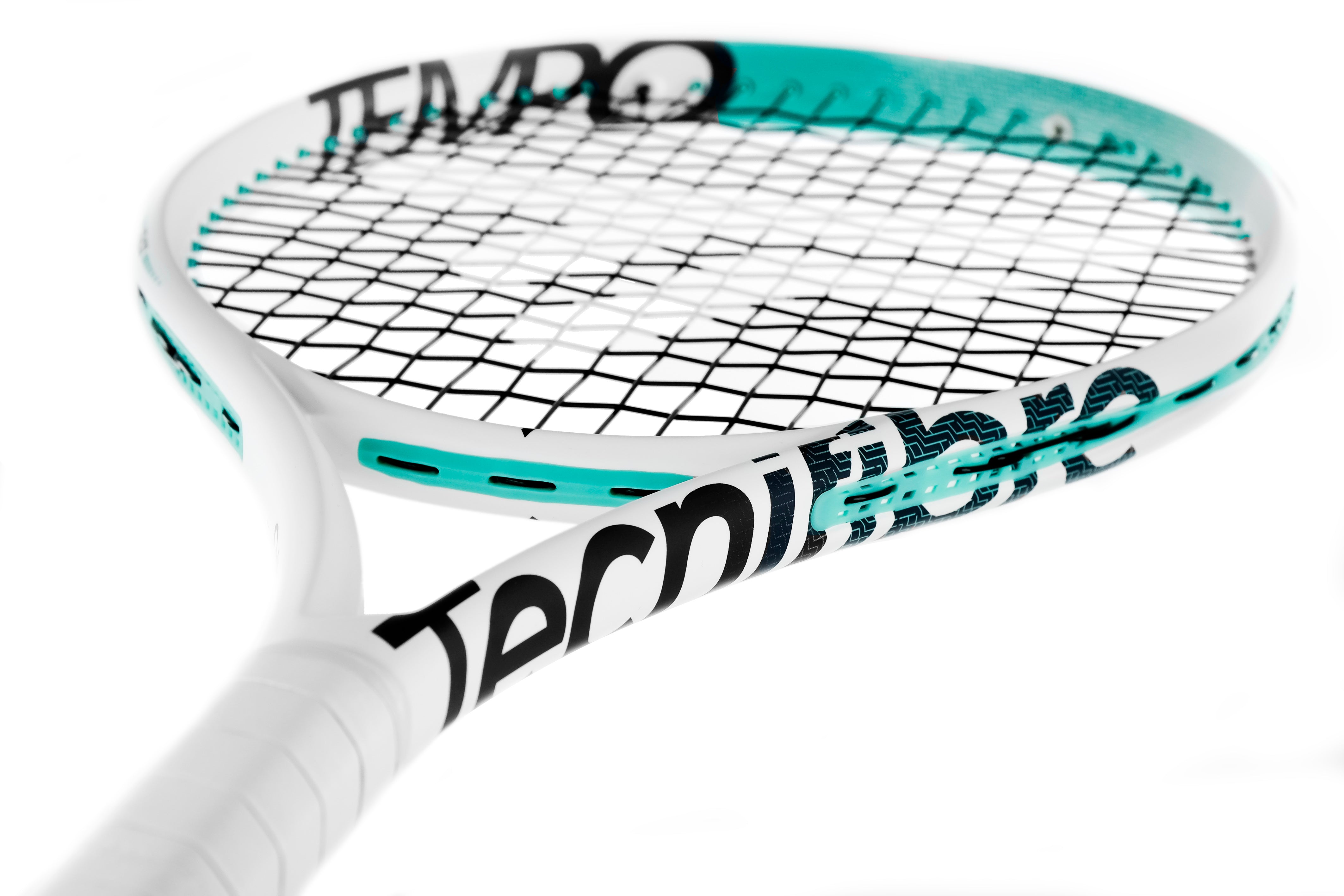 White and teal Tecnifibre Tempo 270 tennis racquet with black strings, 270g unstrung.