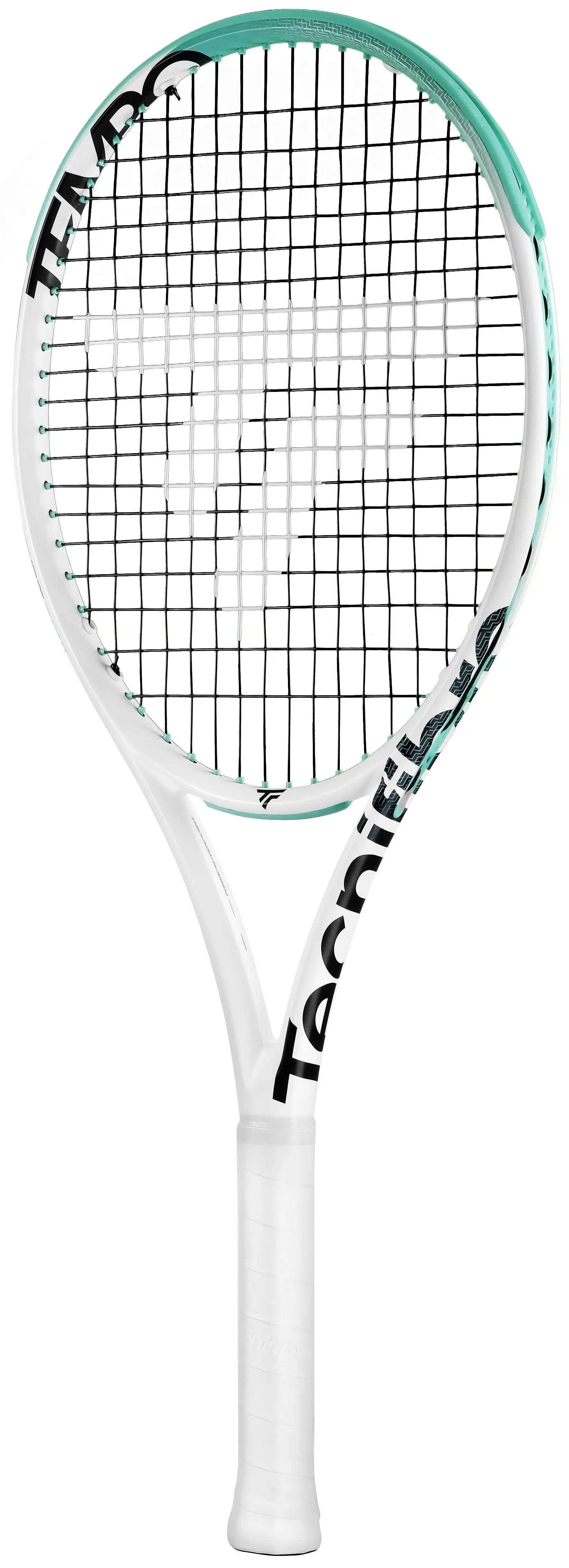 White Tecnifibre Tempo 270 tennis racquet with a teal and black design, unstrung.