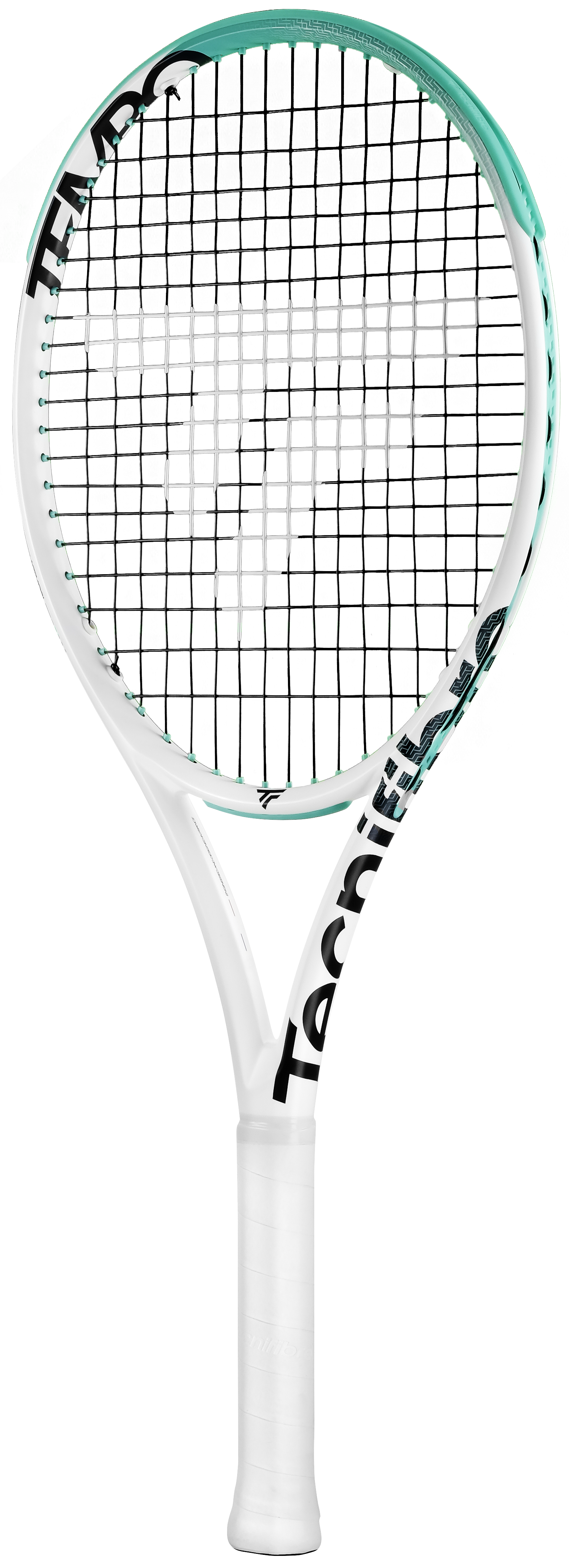 White Tecnifibre Tempo 270 tennis racquet with a teal and black design, unstrung.