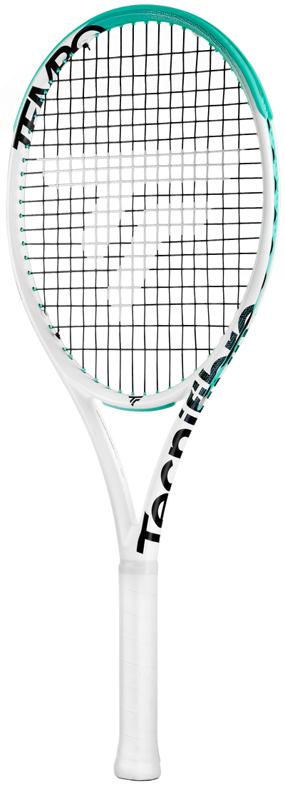 White Tecnifibre Tempo 270 tennis racquet with a teal and black design, unstrung.