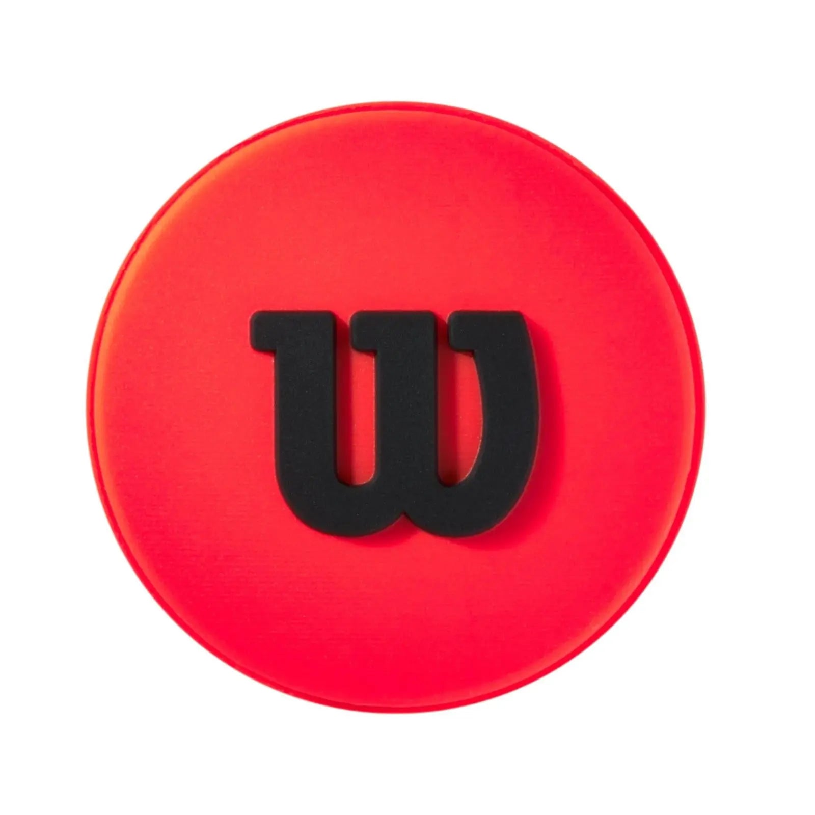 Round red Wilson tennis dampener with a black "W" logo.