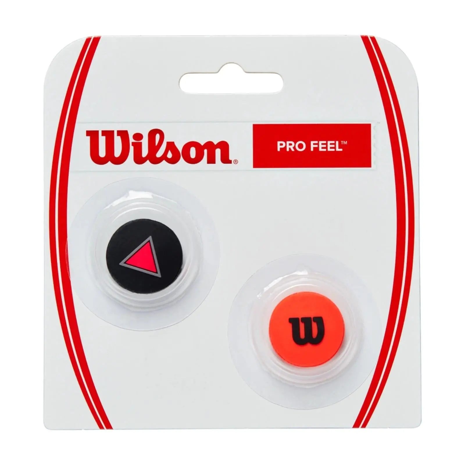 Wilson Pro Feel Clash tennis dampeners: one black with a red triangle, one orange with a black W logo, in packaging.