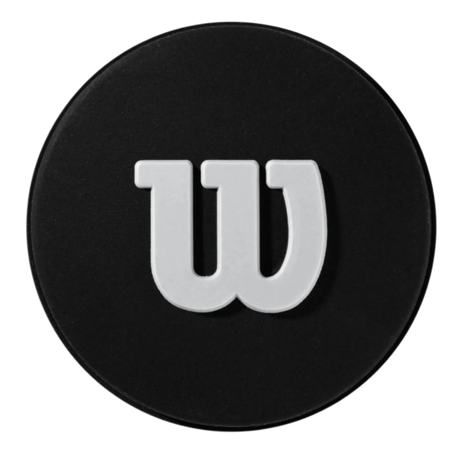 Black circular Wilson Pro Feel tennis dampener with a raised white "W" logo.