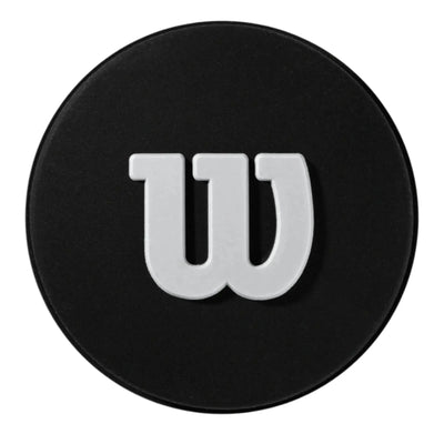 Black circular Wilson Pro Feel tennis dampener with a raised white "W" logo.