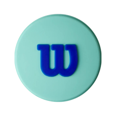Round, light blue Wilson tennis dampener with a raised dark blue "W" logo.