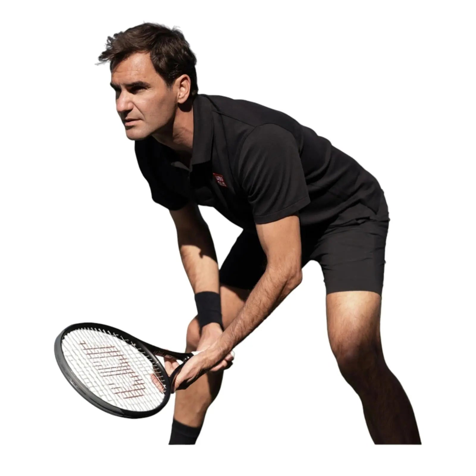 Roger Federer in a black polo and shorts, holding a tennis racket with red RF dampeners.