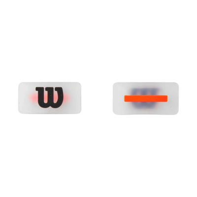 Two clear Wilson Shift tennis dampeners with black "W" logo and orange bar for shock absorption.