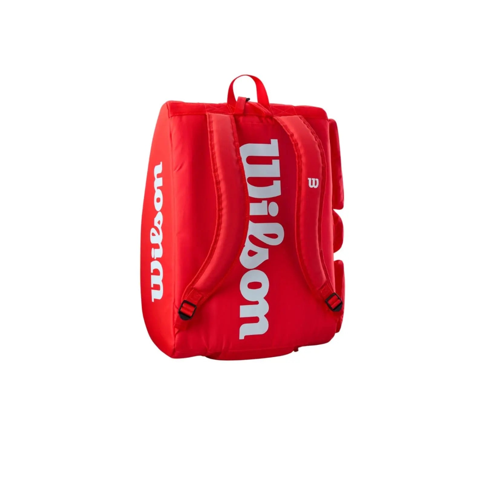 Red Wilson Super Tour pickleball bag with padded backpack straps and white Wilson logo.