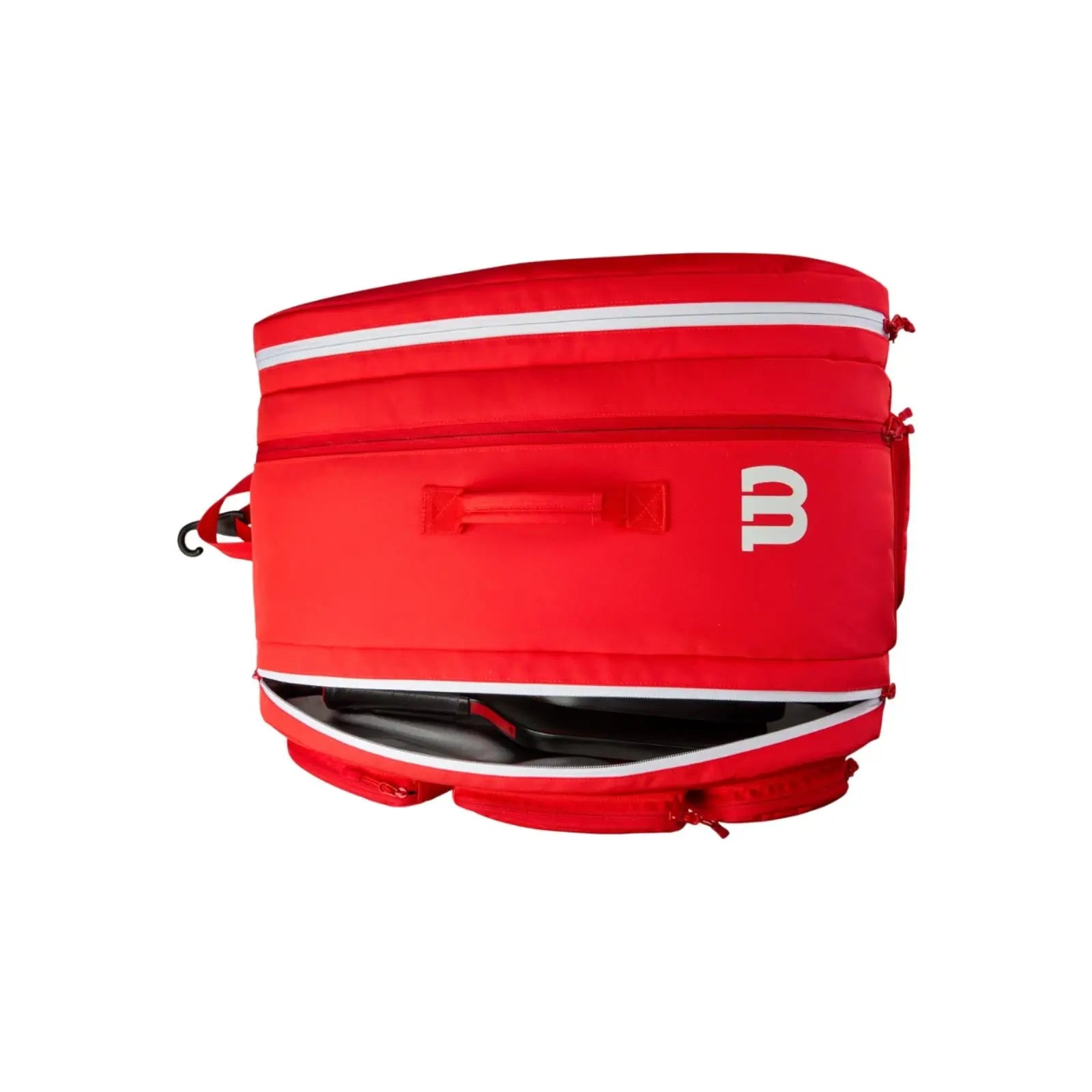 Red Wilson Super Tour pickleball bag with white logo, open compartment showing black paddles.