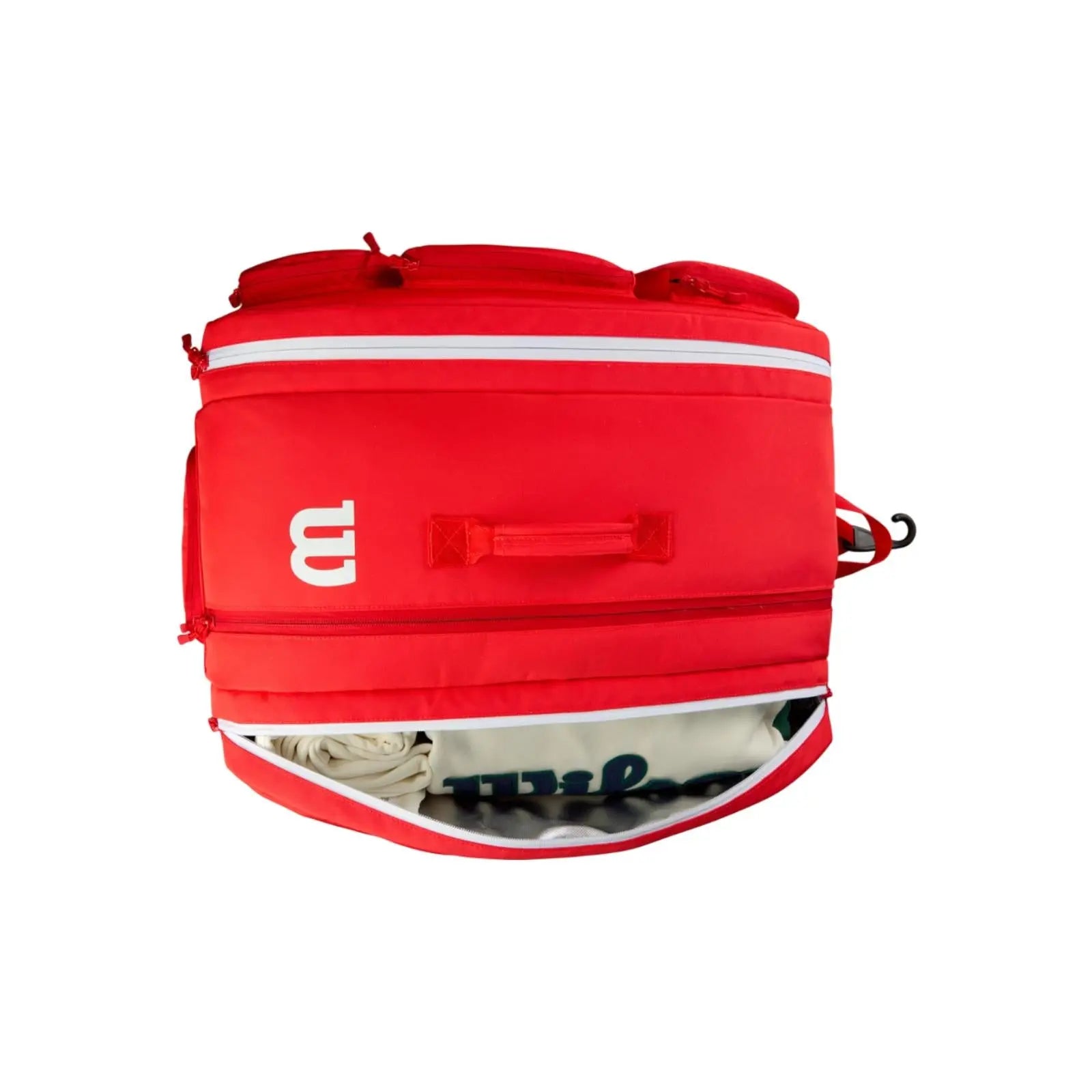 Wilson Super Tour Red Pickleball Bag, top view, with open bottom compartment revealing white apparel.