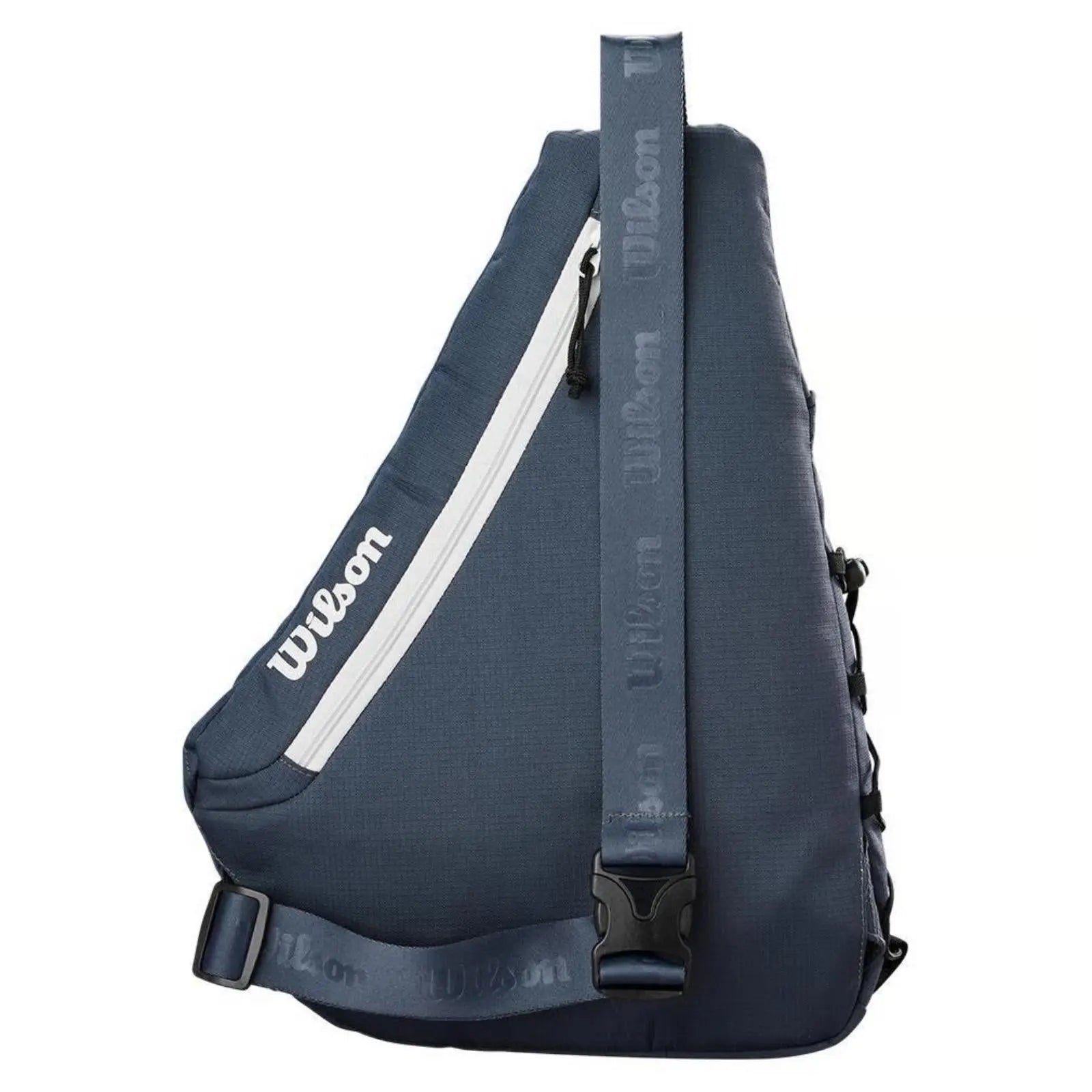 Wilson Triangle Pickleball Sling Bag in navy blue with white logo, front zipper, and adjustable strap.