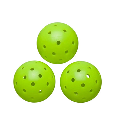 Three bright neon green Wilson Max 40 outdoor pickleballs with 40 holes, arranged in a triangle.