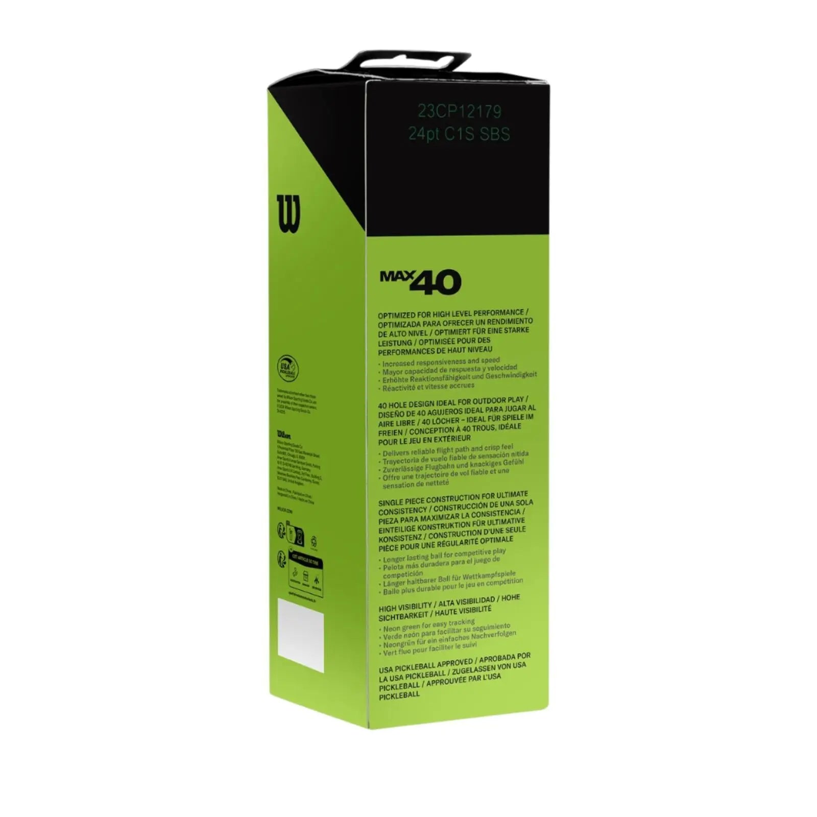 Wilson Pickleball Ball Max 40 Outdoor 3 Pack Green box with product details.
