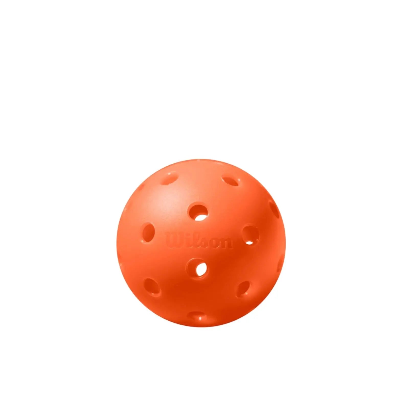 Bright orange Wilson Tru 32 indoor pickleball with 32 evenly distributed holes and a rough finish.