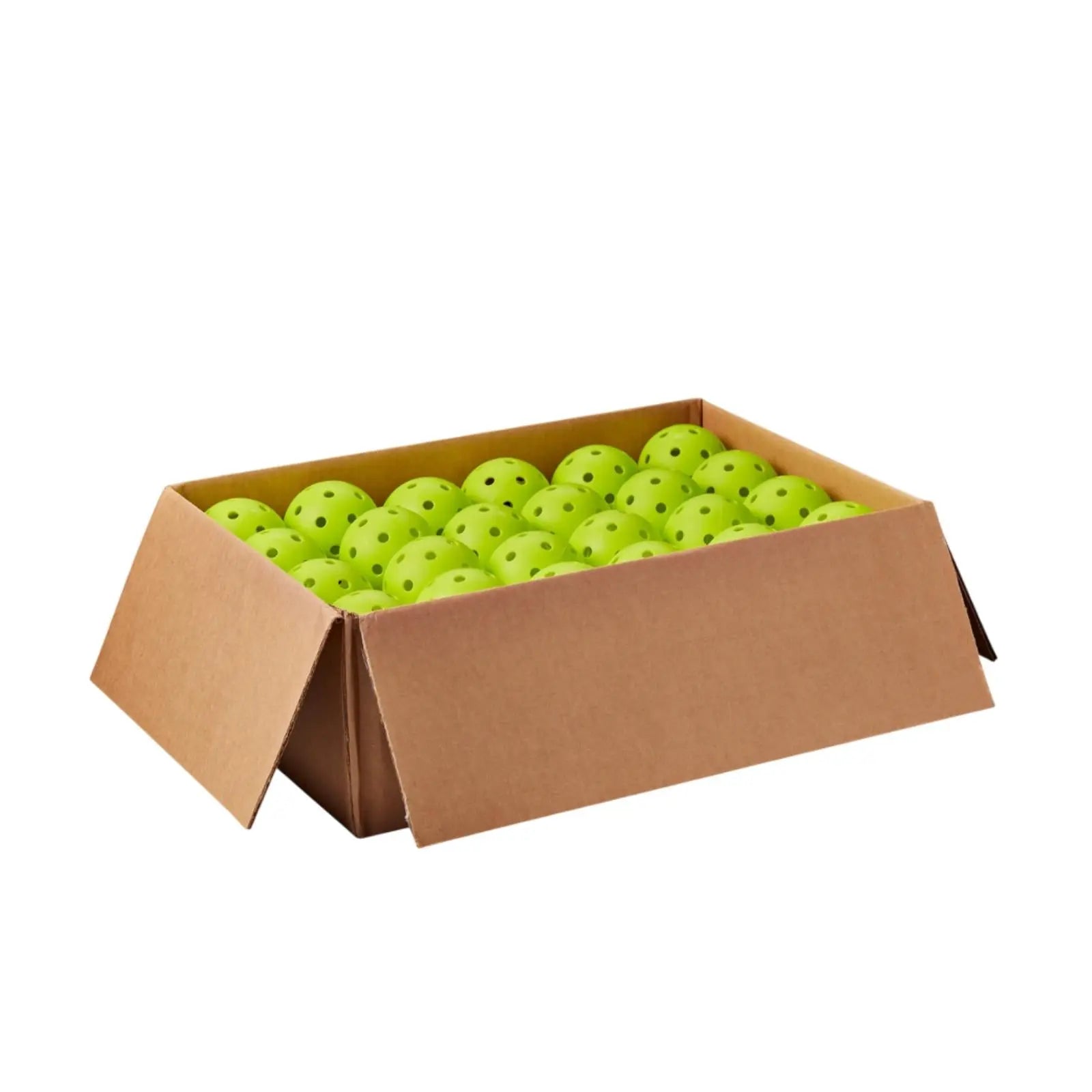 A brown cardboard box filled with many bright yellow-green Wilson Tru 32 pickleballs.