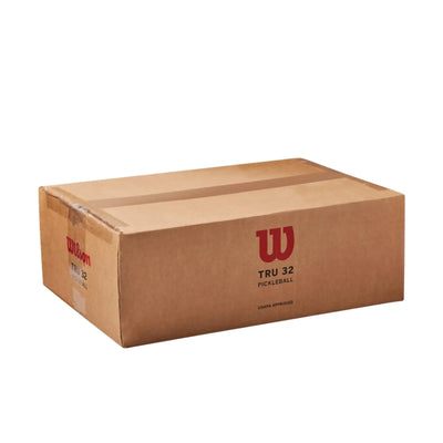 Brown cardboard box of 48 Wilson Tru 32 yellow pickleballs, USAPA approved.