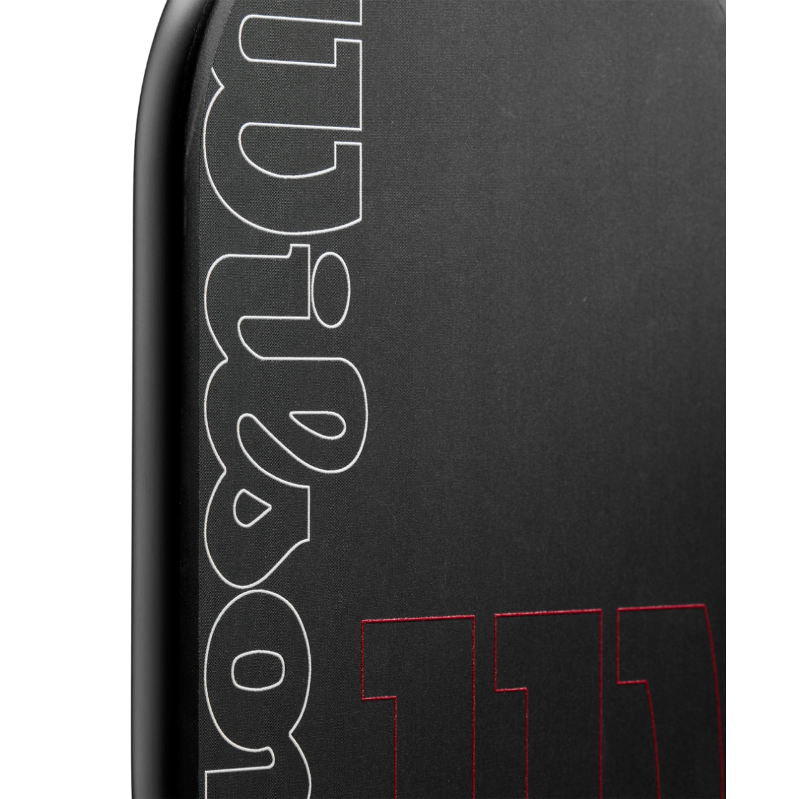 Close-up of the black Wilson Blaze Edgeless 13 pickleball paddle with white "Wilson" and red "13" logos.