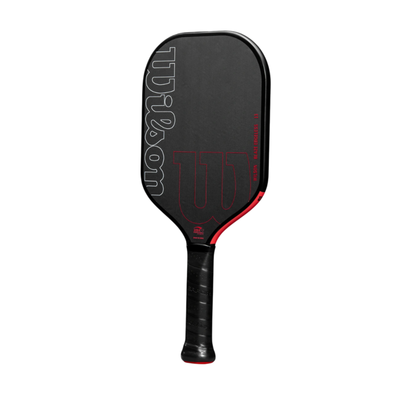 Black Wilson Blaze Edgeless 13 pickleball paddle with red accents, elongated shape, and black grip.