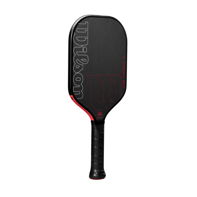 Black Wilson Blaze Edgeless 13 pickleball paddle with white and red branding, elongated raw hybrid face.