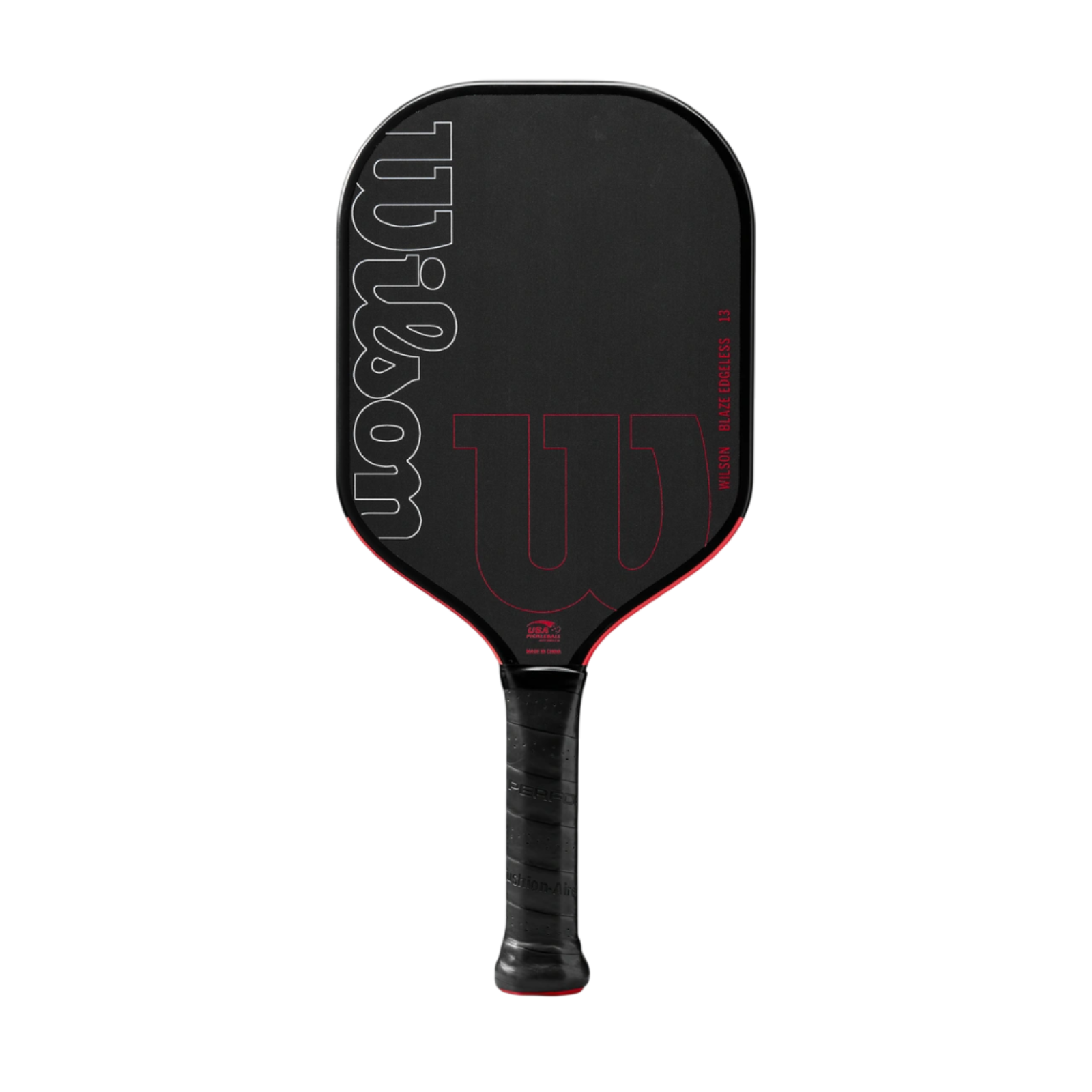 Black Wilson Blaze Edgeless 13 pickleball paddle with white and red branding, elongated shape, and black grip.