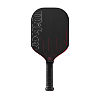 Black Wilson Blaze Edgeless 13 pickleball paddle with white and red branding, elongated shape, and black grip.