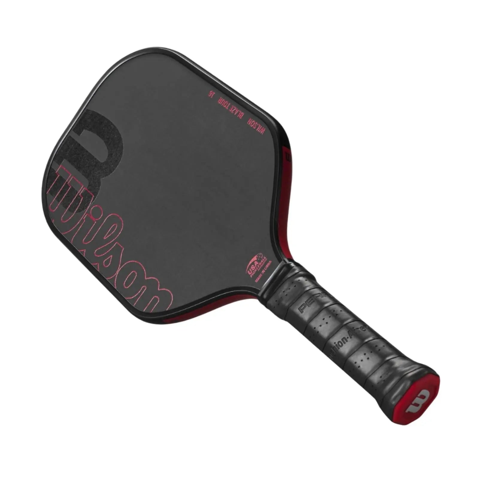 Wilson Blaze Tour 16mm pickleball paddle, black raw carbon fiber with red accents and "Wilson" logo.