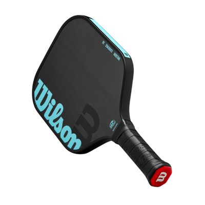 Black Wilson Cadence 16 pickleball paddle with light blue accents and a red butt cap.