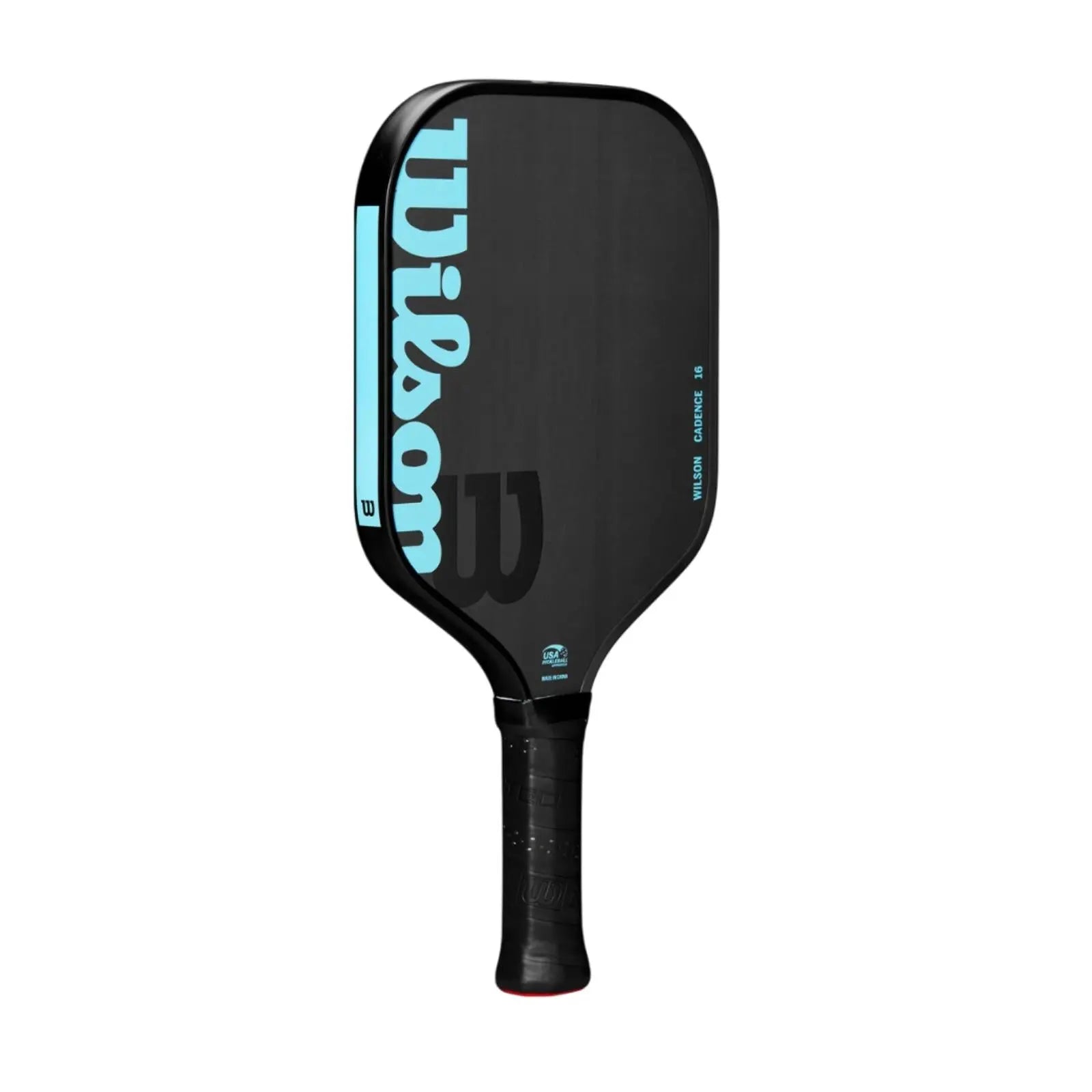 Black Wilson Cadence 16mm wide-body pickleball paddle with light blue branding and textured raw carbon face.