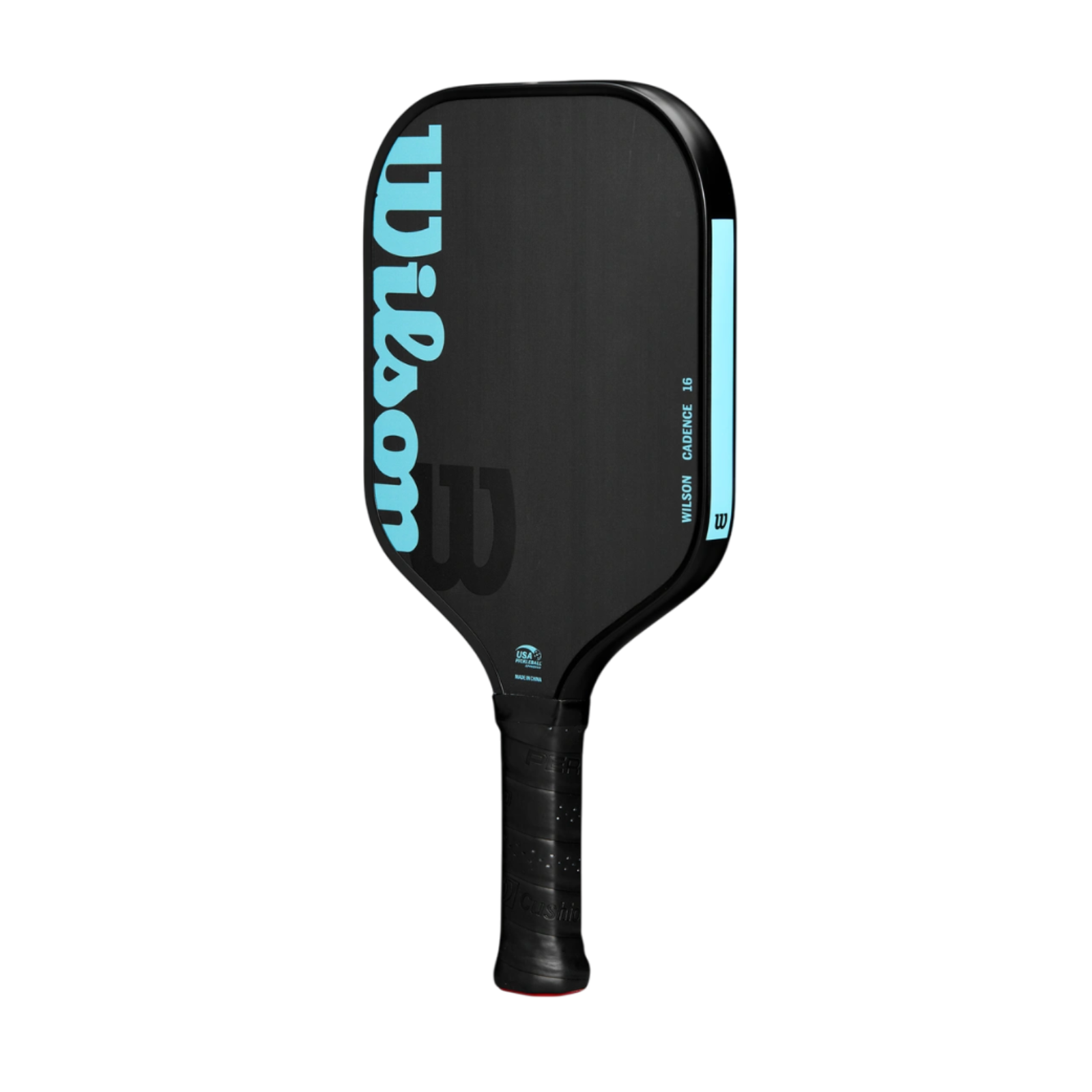 Black Wilson Cadence 16 pickleball paddle with light blue branding and textured grip.