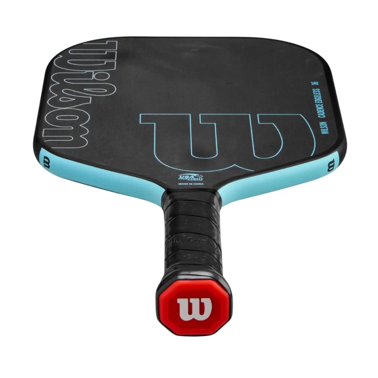 Black Wilson Cadence Edgeless 16mm pickleball paddle with light blue trim and red butt cap.