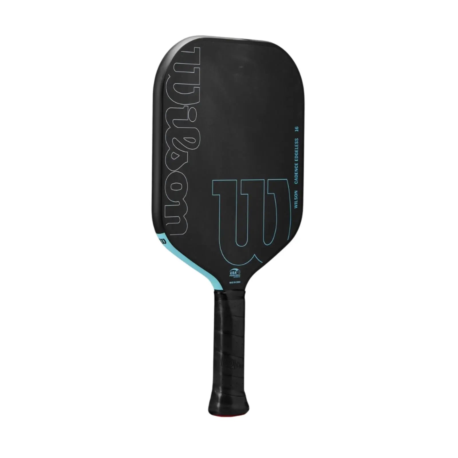 Black Wilson Cadence Edgeless 16mm pickleball paddle with light blue accents and raw carbon fiber face.