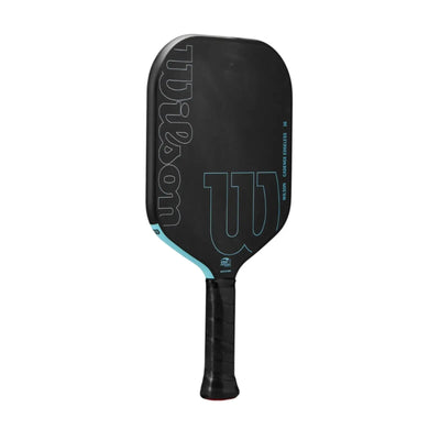 Black Wilson Cadence Edgeless 16mm pickleball paddle with light blue accents and raw carbon fiber face.