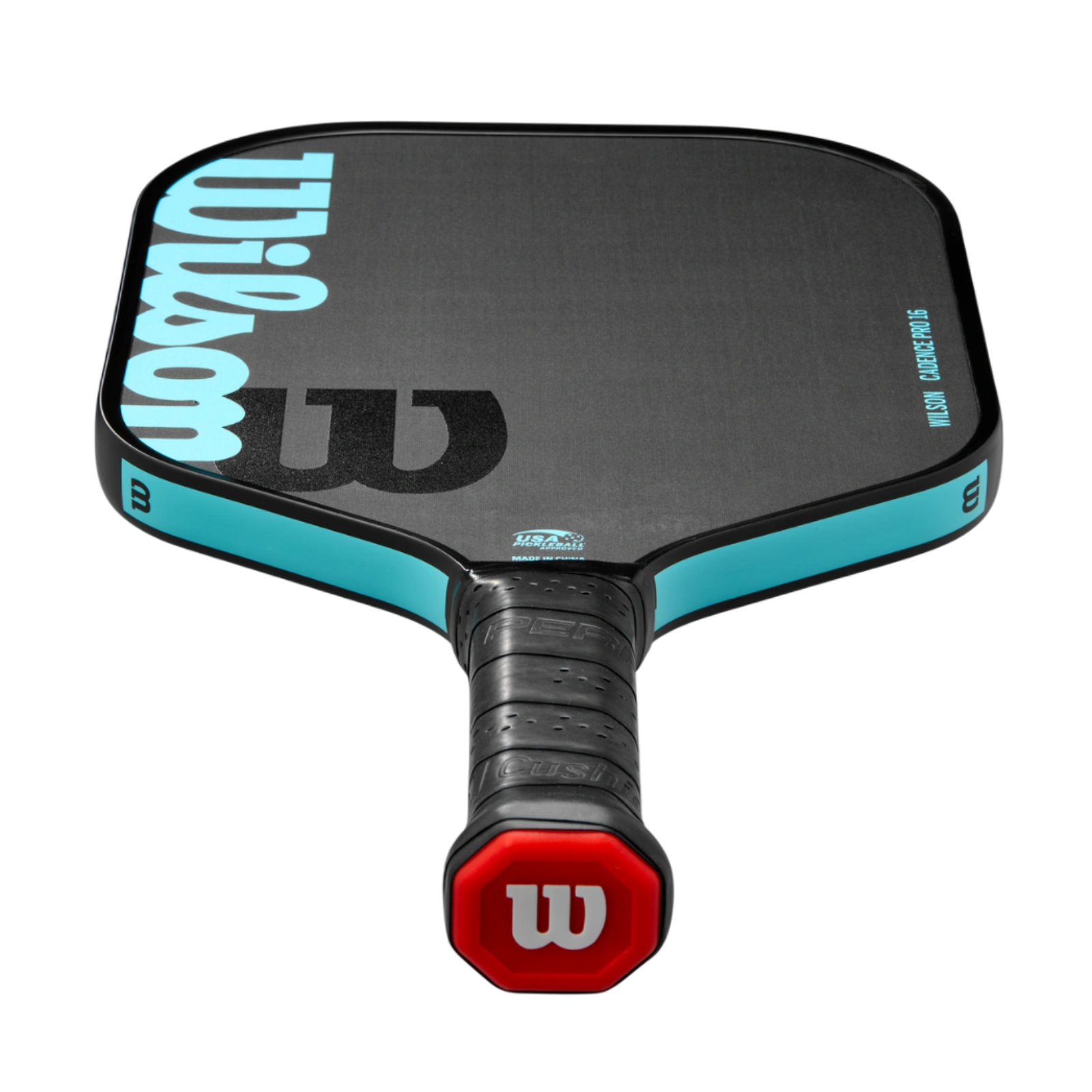Black Wilson Cadence Pro 16mm pickleball paddle with blue trim, raw carbon face, and red butt cap.