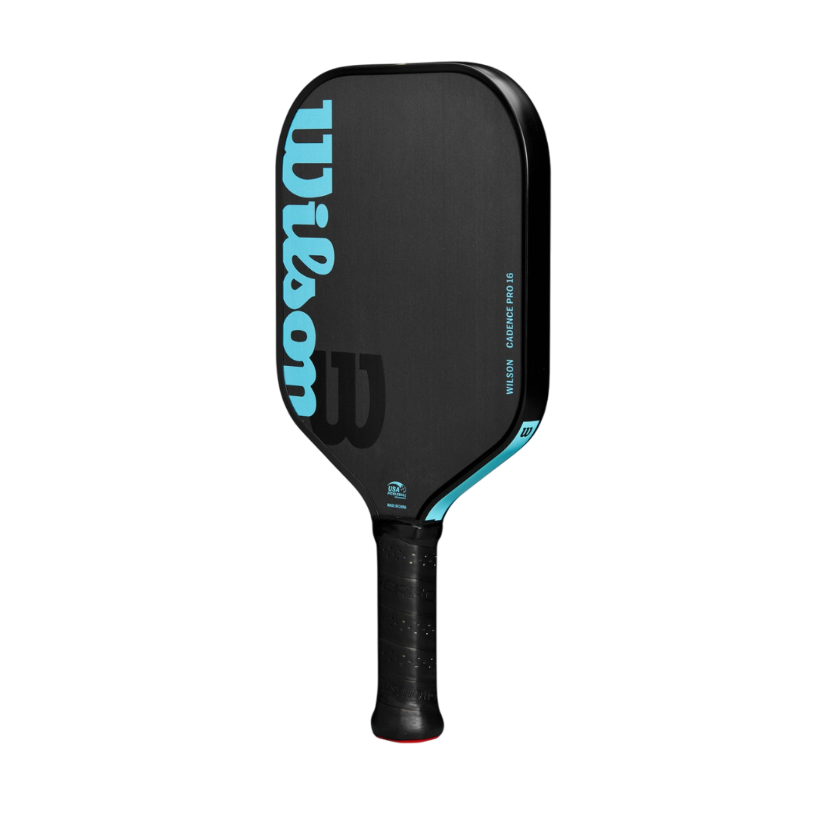 Black Wilson Cadence Pro 16 pickleball paddle with light blue logo and trim, raw carbon fiber face.