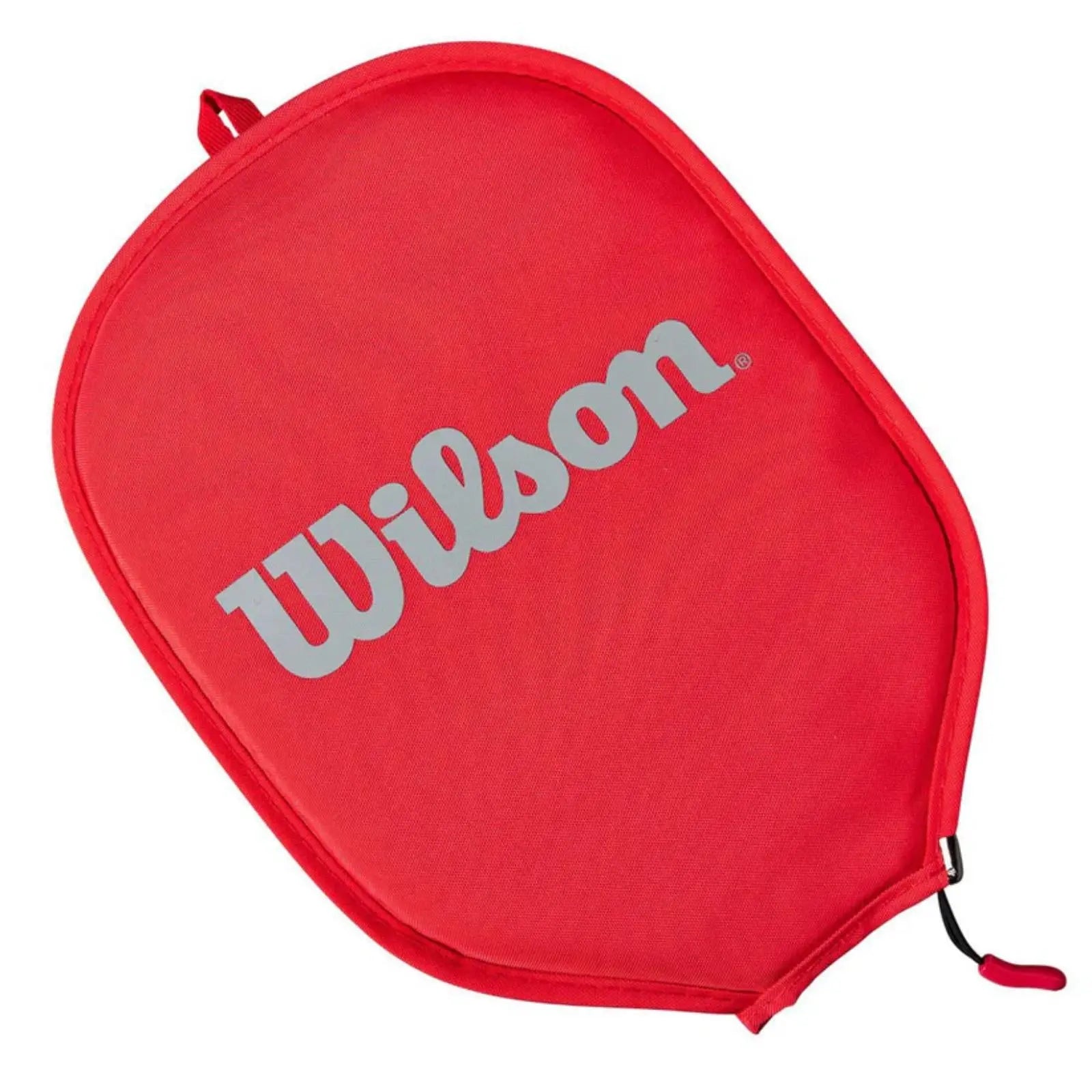 Red Wilson pickleball paddle cover with gray logo, durable polyester-nylon, zippered closure, and carry loop.