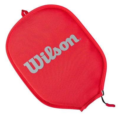 Red Wilson pickleball paddle cover with gray logo, durable polyester-nylon, zippered closure, and carry loop.