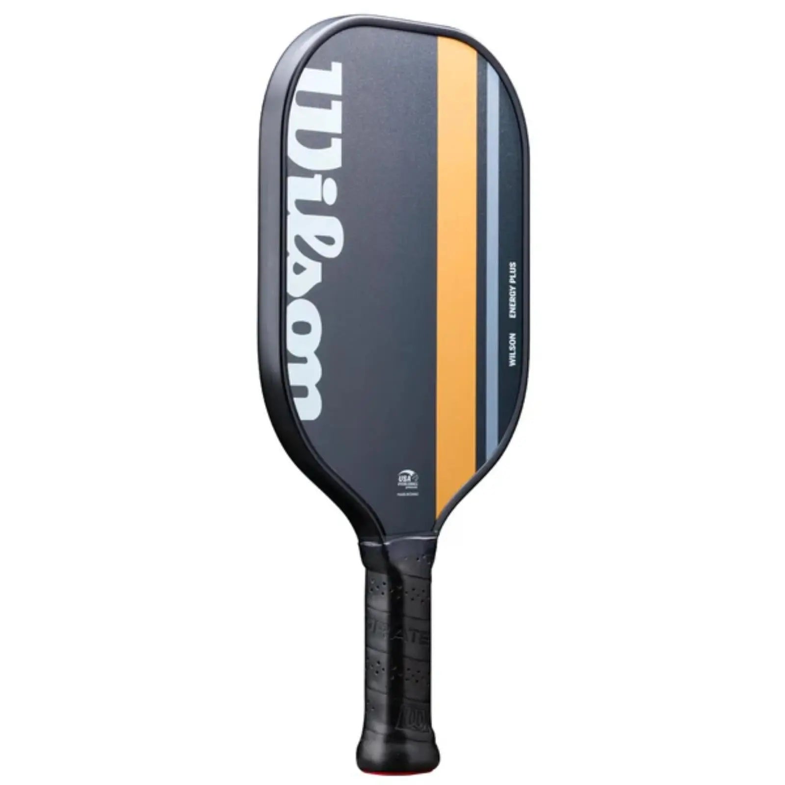Black Wilson Energy Plus pickleball paddle with orange and gray stripes, USAPA approved.