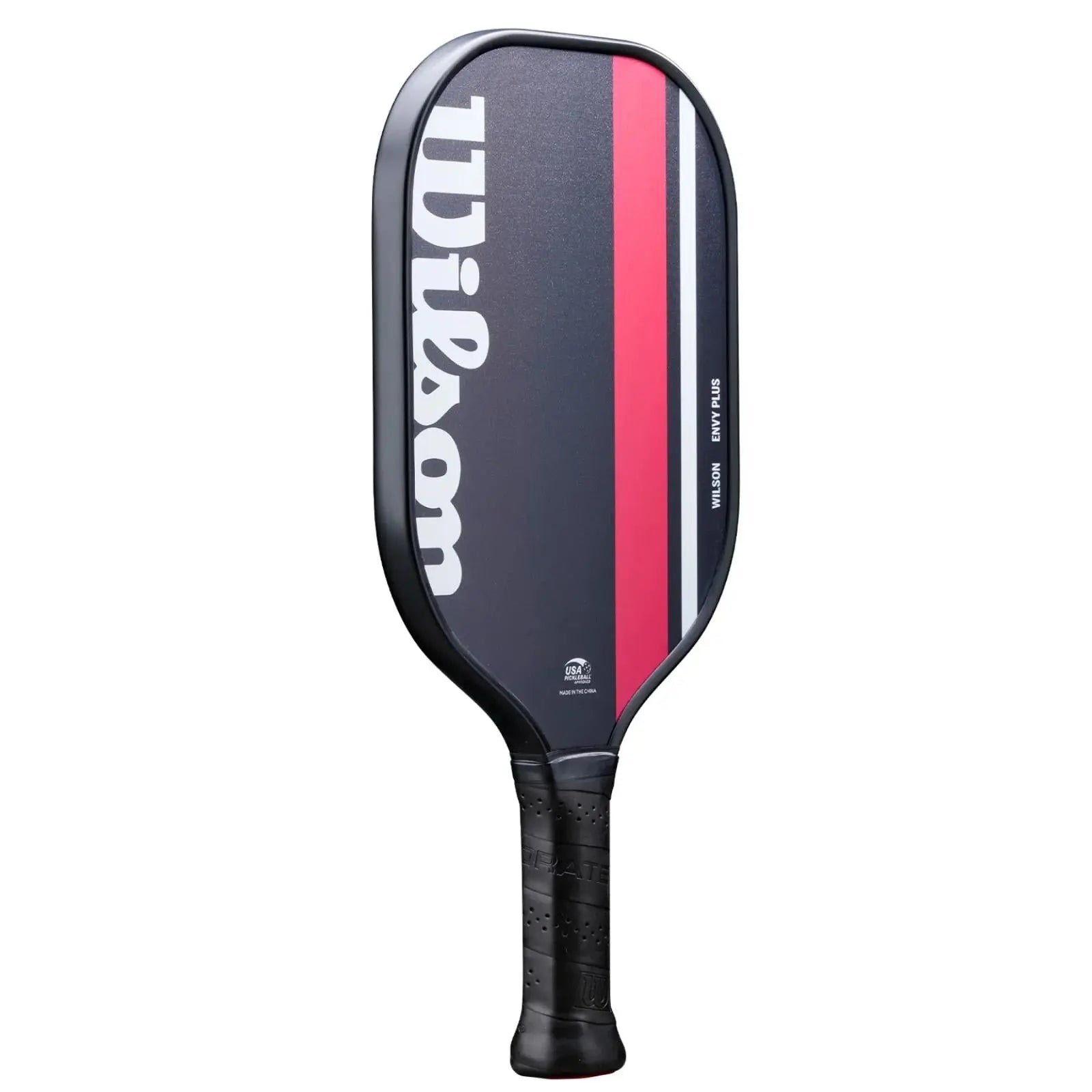 Wilson Envy Plus pickleball paddle with black, red, and white design, black edge guard, and grip.