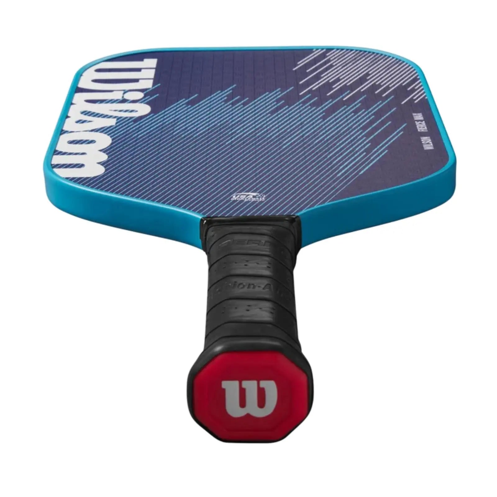 Blue Wilson Fierce Max 13mm pickleball paddle with a dark blue face, light blue design, and black grip.